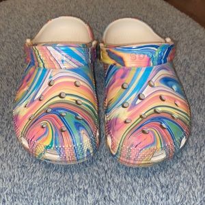 Crocs Size Child 12 Pink, Yellow, & Blue, Green  Beautiful Tie Dye Colors.💦